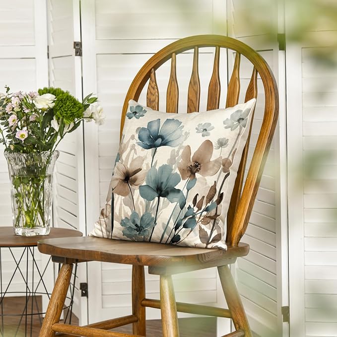 AVOIN colorlife Poppy Flowers Chinoiserie Spring Throw Pillow Cover, 18 x 18 Inch Blue Brown Seasonal Leaves Cushion Case Decoration for Sofa Couch Farmhouse