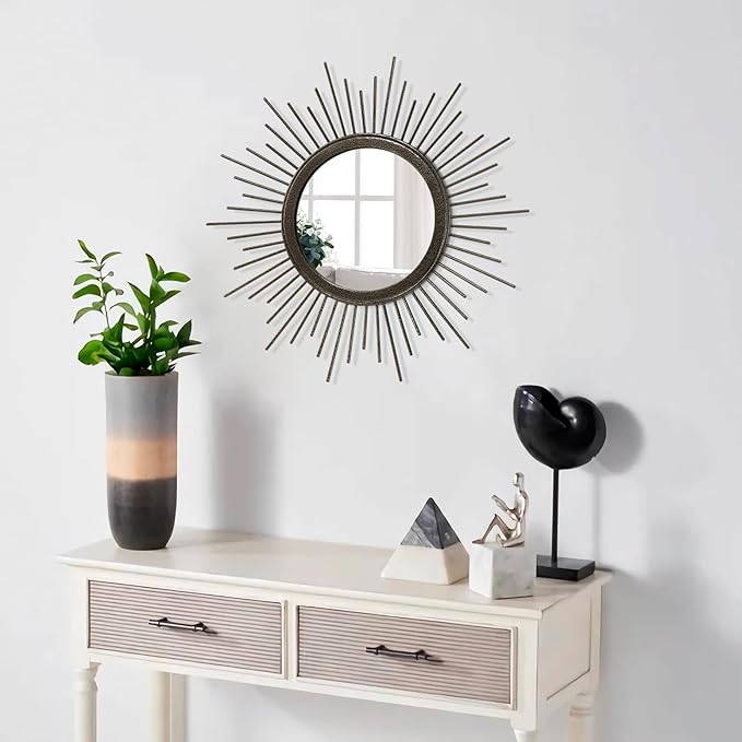 Large Spoked Sunburst Wall Mirror Boho Home Decor Round Wall Art Mirror Modern Metal Mirrors for Wall Living Room Vanity Bathroom Bedroom Hallway Balcony Entryway 16"