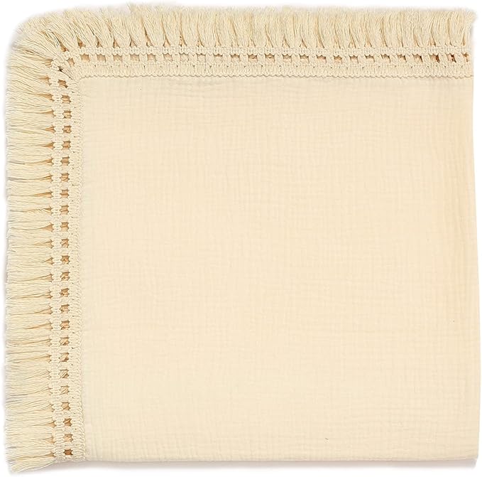insular Cotton Muslin Baby Blanket with Tassel, Boho Bohemian Muslin Swaddle Blanket Baby Receiving Blanket with Fringe, Nursery Decor Throw or Nursing Blankets, 47" x40”, Beige