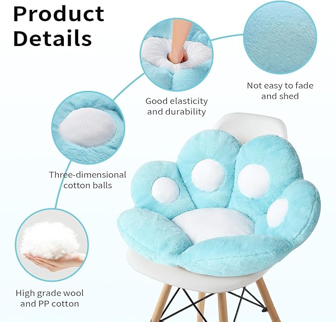 Ditucu Cat Paw Cushion Kawaii Chair Cushions 31.4 x 27.5 inch Cute Stuff Seat Pad Comfy Lazy Sofa Office Floor Pillow for Gaming Chairs Room Decor Blue