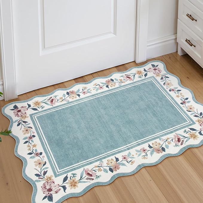 Lahome Floral 2x3 Blue Kitchen Rugs, Small Rugs for Entryway Non Slip Washable Rug Ultra-Thin Front Door Rug Indoor Entrance,Boho Stain Resistant Scalloped Throw for Bathroom Bedroom Ariele (Blue
