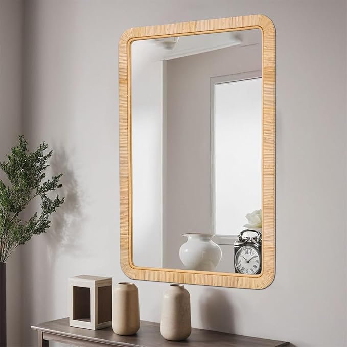 FUIN 24"x36" Rattan Wall Mirror, Natural Wicker Rectangle Bathroom Vanity Mirror, Hanging Boho Decorative Mirror for Farmhouse, Entryway, Bedroom, Living Room, Horizontal Vertical Mount