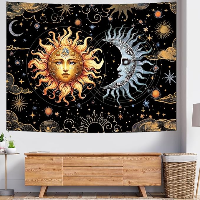 Racunbula Sun and Moon Tapestry Boho Black Golden Tapestries Aesthetic Vintage Moon Stars Cloud Wall Tapestry Spiritual Tapestries Wall Hanging for Bedroom