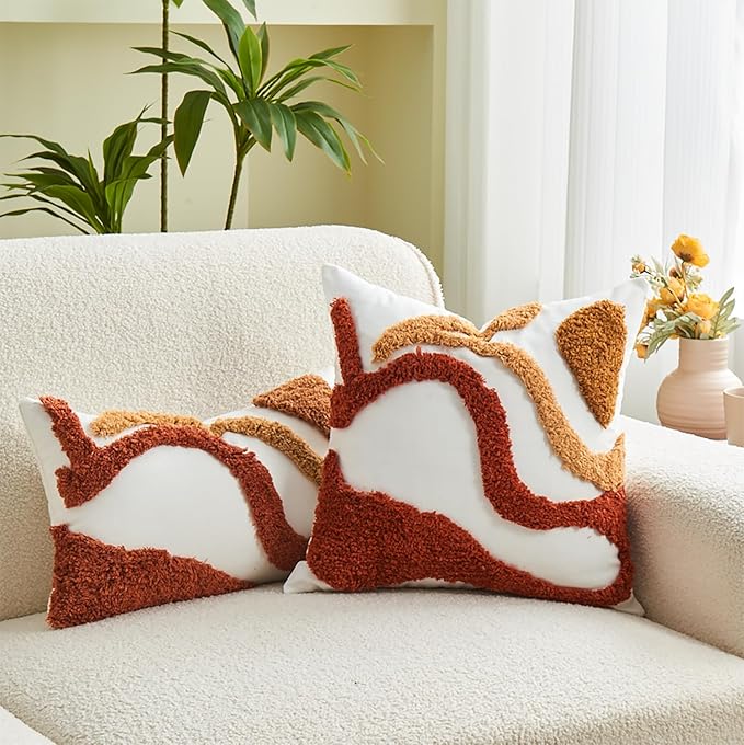 lifein 12x20 Pillow Covers-Lumbar Pillow Covers Boho Couch Pillows Embroidered Decorative Accent Pillows Mid Century Textured Pillowcases for Couch Sofa Living Room Bed Home Decor (Burnt Orange)