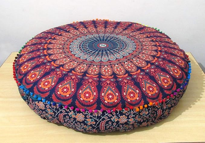 CRAFT KALA Mandala Floor Pillow Cushion Cover Seating Throw Cover Hippie Decorative Bohemian Ottoman Poufs Pom Pom Pillow Cases Boho Indian Cotton Living Room Yoga Home Décor (35" Round, Multi Mirchi)