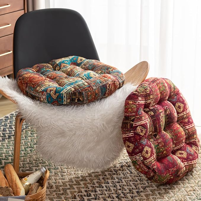 vctops Bohemian Patchwork Round Chair Seat Cushions for Dining Kitchen Office Chairs Patio Soft Cotton Linen Chair Pads (Blue,Diameter 22")