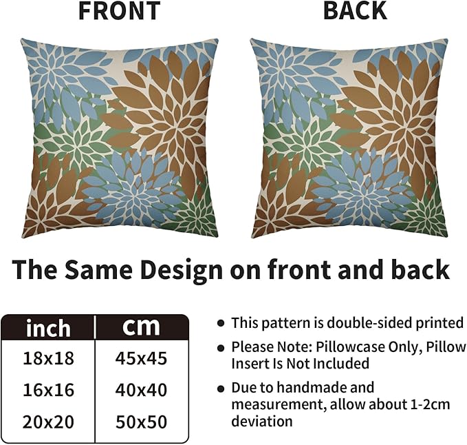 Brown Blue Green Pillow Covers 20X20 Inch Set of 2, Spring Summer Floral Dahlia Flower Cream Decorative Throw Pillow Covers Outdoor Modern Farmhouse Cushion Case for Home Couch Sofa Bed Decor