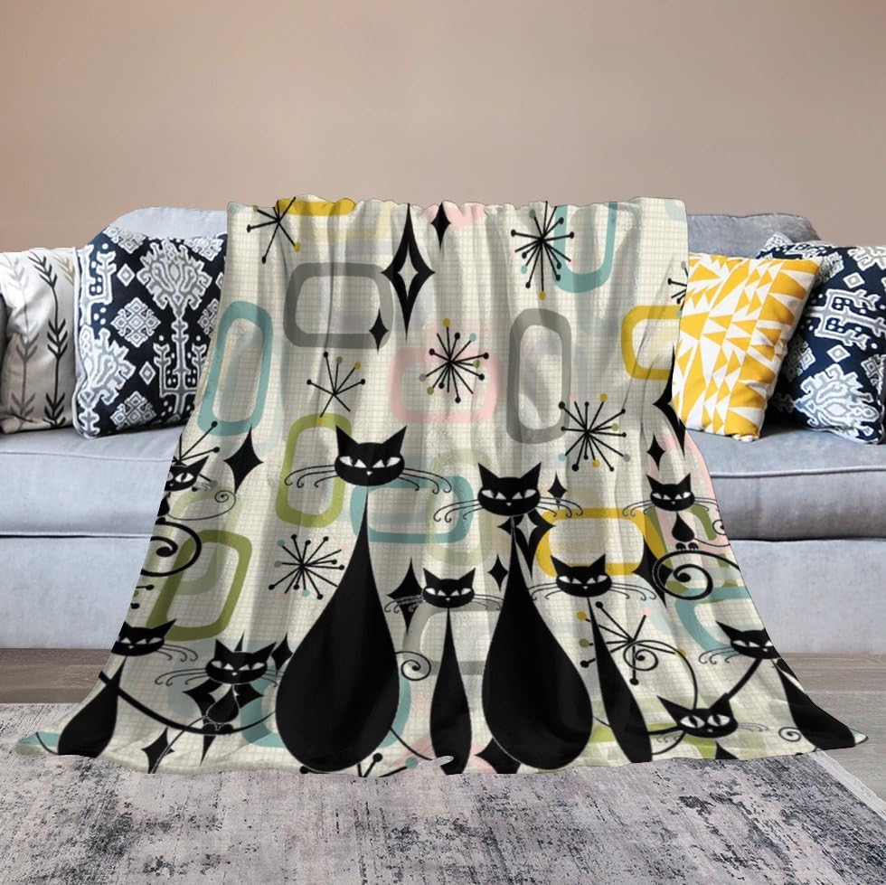 Mid-Century Black Cat Blanket,Vintage Modern Abstract Geometric Stripe Art Atomic Star Explosion Print Blanket for Couch Sofa Bed Decorative Gifts 30x40 - color: Blanket-15, size: 30"x40"