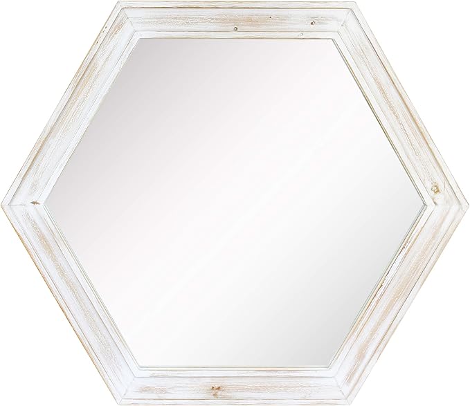 Stonebriar Decorative 24" Hexagon Wall Mirror with Worn White Wood Frame and Attached Hanging Bracket, Decorative Country Rustic Decor for the Living Room, Bedroom, Bathroom, Hallway, and Entryway
