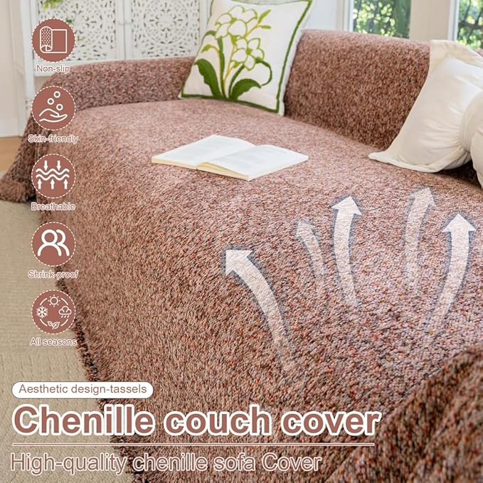 ROOMLIFE Pink Couch Covers for 3 Cushion Couch,Chenille Sofa Couch Slipcover Sectional Sofas Covers with Tassel, Washable Soft Breathable Furniture Protector Cover for Living Room, 71 '' X 134''