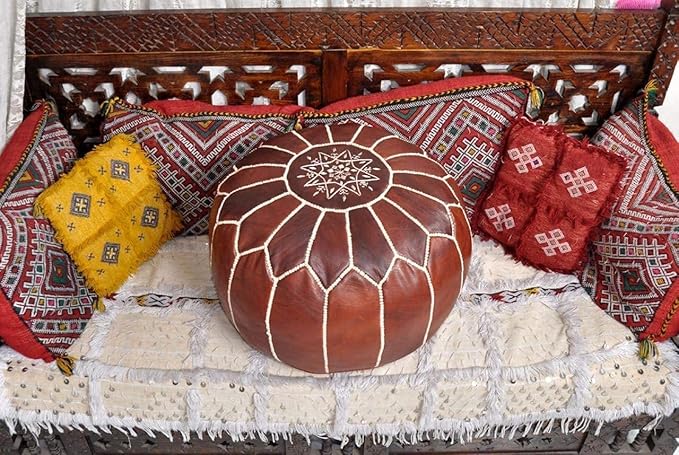 ARTOUARZAZATE Premium Moroccan Leather Ottoman Pouf Cover, Ottoman Footstool Hassock 100% Real Natural Leather pouffe, Home Gifts, Wedding Gifts, Foot Stool (Dark Brown)