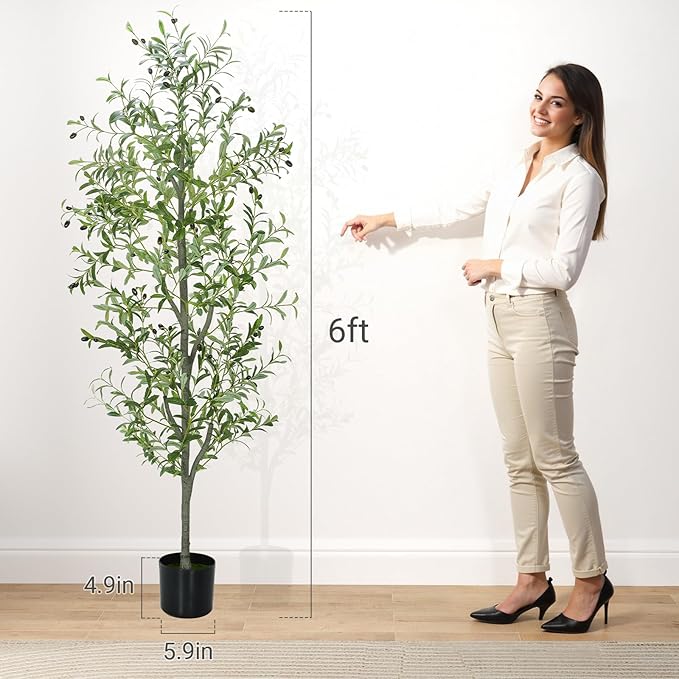6 FT Faux Olive Tree Indoor, Tall Artificial Silk Olive Tree 6 FT, Large Indoor Fake Olive Trees with Realistic Leaves, Branches, Fruits, Faux Olive Trees Artificial Plants for Home (6 Feet)