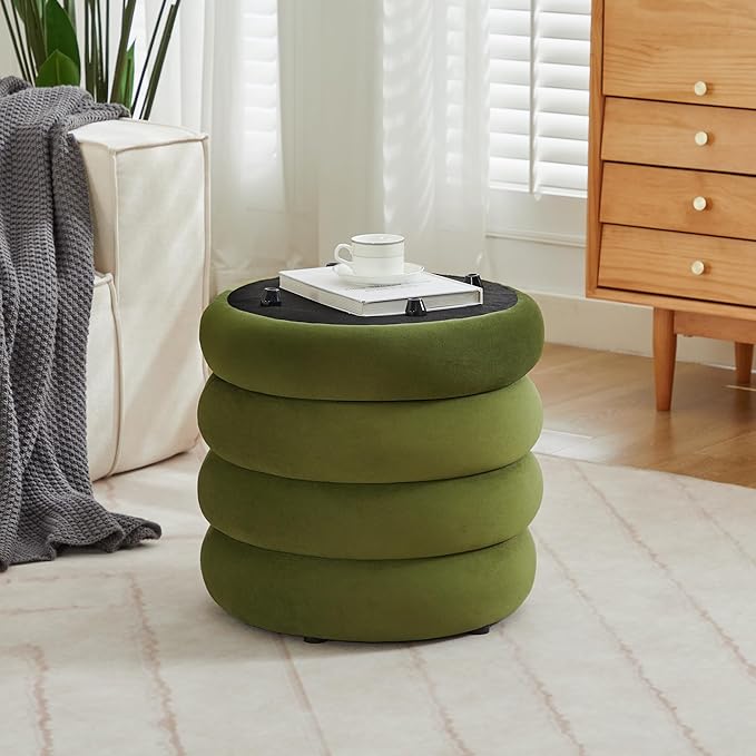 Velvet Storage Ottoman Set of 2, Compact Round Tufted Pair with Removable Lids for Lounge, Dorm and Entryway, Olive Green
