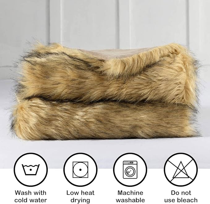 Luxury Plush Faux Fur Blanket Queen Size, Long Pile Golden Yellow with Black Tips Throw, Oversized Super Warm, Fuzzy, Elegant, Fluffy Decorative Blanket for Sofa, Armchair, Couch and Bed, 90"x90"