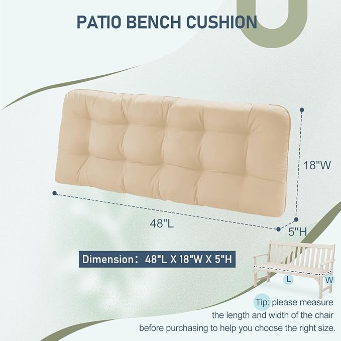 downluxe Outdoor Bench Cushion for Patio Furniture, Water Resistant Tufted Overstuffed Porch Swing Cushions, Thick Outdoor Loveseat Cushions, 48" X 18" X 5", Beige, Set of 1