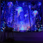 Racunbula Blacklight Forest Jellyfish Tapestry UV Reactive Nature Tree Tapestry Trippy Fantasy Starry Sky Tapestries Aesthetic Jungle Plants Tapestries Wall Hanging for Bedroom