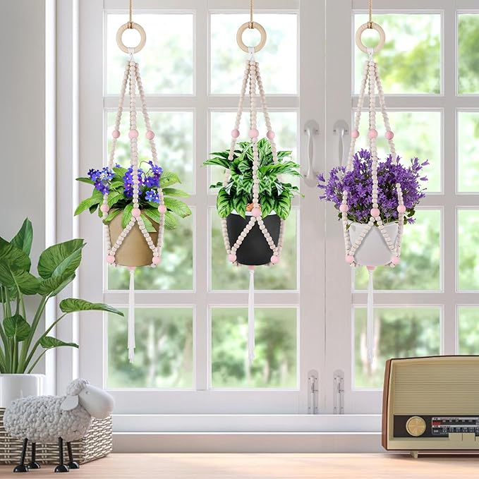 Hotfiary Plant Hanger Indoor Hanging Plant Holder Hang Planter Basket Wood Bead Decorative Flower Pot Holders Boho Farmhouse Rustic Decor Indoor Outdoor (Pot Not Included)