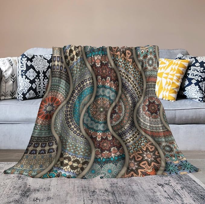 Colorful Bohemian Throw Blanket Vintage Floral Mandala Flower Aztec Boho Blanket for Sofa Bed Couch Chair Or Dorm 50"x60"