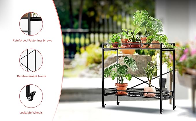 Zhongma 2 Tier Window Height Sturdy Metal Plant Stand with Wheels, 40.5x16x39.4 Inch High, Heavy Duty Succulent Shelf for Home Indoor and Outdoor, 440 LBS Capacity & Heavy Duty Construction