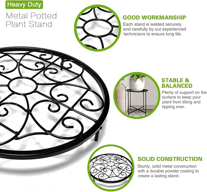 15" Tall Metal Plant Stand, 11" Wide Round Plant Stand for Flower Pots Up to 100lbs, Rustproof Iron Plant Holder for Indoor Outdoor Use, Easy Assemble Flower Stand for Home Garden Display Greenery