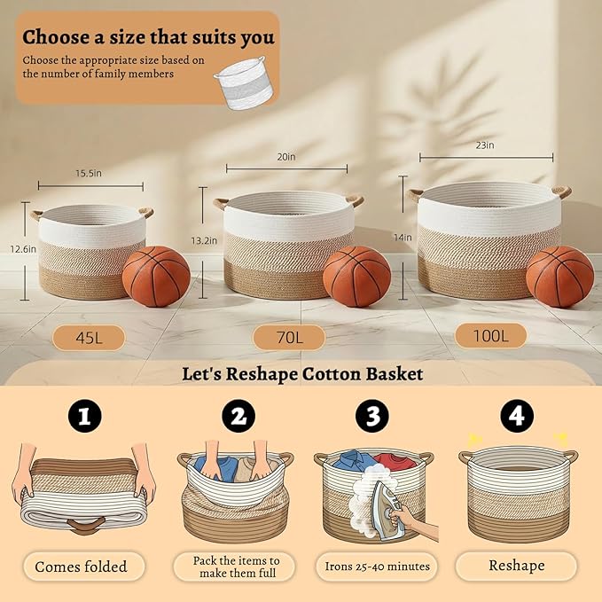 100L Large Cotton Rope Basket, Decorative Woven Blanket Storage for Living Room, Boho Toy Storage & Toy Box for Kids, Versatile Laundry Basket & Nursery Hamper for Blankets(Brown)