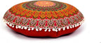 CRAFT KALA 22" Round Mandala Boho Pillow Cover Meditation Room Seating Poufs Cover for Living Room Yoga Room Home Bedroom Balcony Garden Party Decoration Cotton Floor Cushion Cover (Red Yellow)
