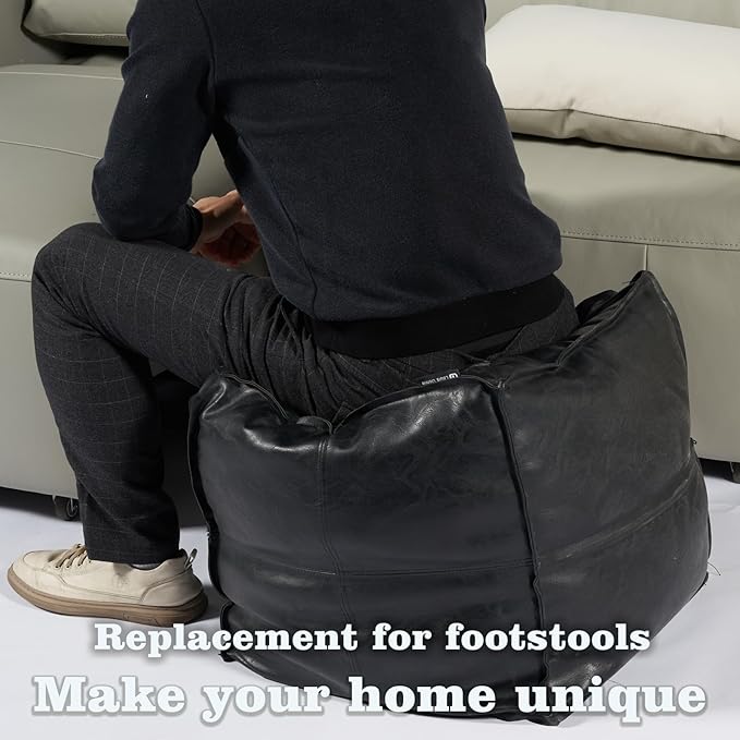 Louis Donné Square Unstuffed Pouf Ottoman Cover - Waterproof Faux Leather Footstool for Living Room, Modern Black Floor Cushion with Storage, Easy Clean, 18 Inch (Cover Only)