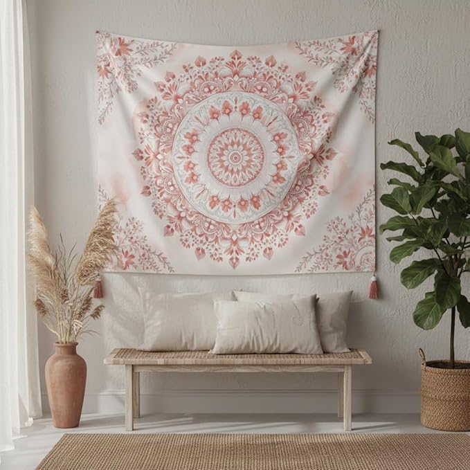 Accnicc Pink Floral Mandala Tapestry Wall Hanging Boho Medallion Tapestry Aesthetic Watercolor Flower Cute Small Tapestries for Bedroom Living Room Dorm Decor 48 x 36 Inch