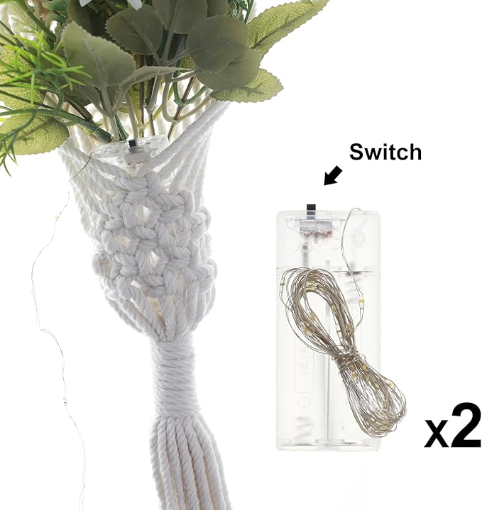 Macrame Wall Hanging, White Cotton Rope with Artificial Dahlia Flowers, 8x23 Inches, Handcrafted Boho Tapestry with LED Lights, Decorative Wall Art for Living Room, Bedroom (Banana Yellow)