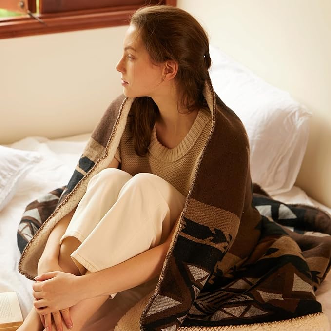 Aztec Patterned Throw Blanket with Soft Sherpa Lining, Traditional Southwestern Navajo with Cross Pattern Warm Throw for Camping, Outdoor, Light Weight Cozy Boho Blanket for Couch, Bed, 60”x80”, Brown