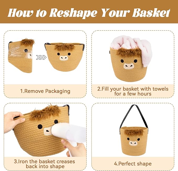 Woven Hanging Basket, Highland Cow Cotton Rope Hanging Wall Basket，Cute Brown Basket for Plants Toys Remotes, Decorative Basket for Porch Living Room Bedroom Entryway (7.8x7inch)