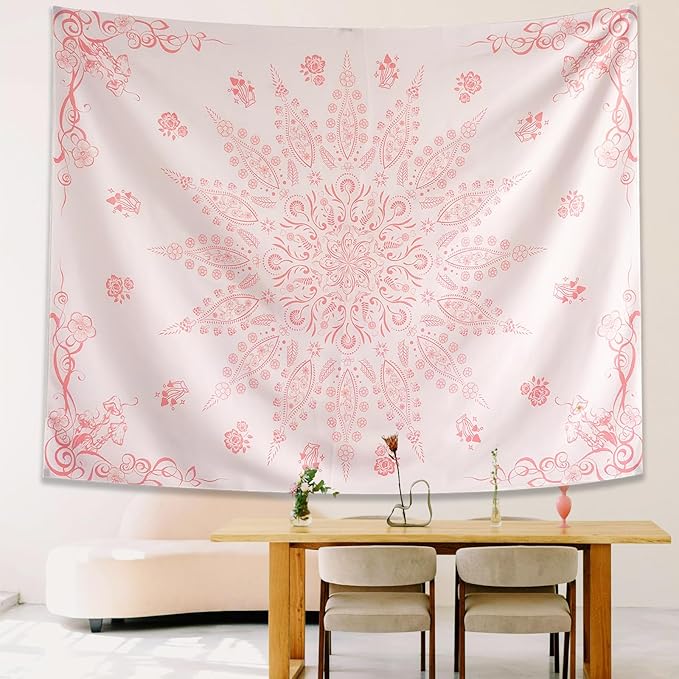 KJHL Floral Bohemian Tapestry Black and White Flower Aesthetic Tapestry Mandala Room Decor Wall Hanging Boho Tapestries for Bedroom Dorm(Pink, 59" x 79")