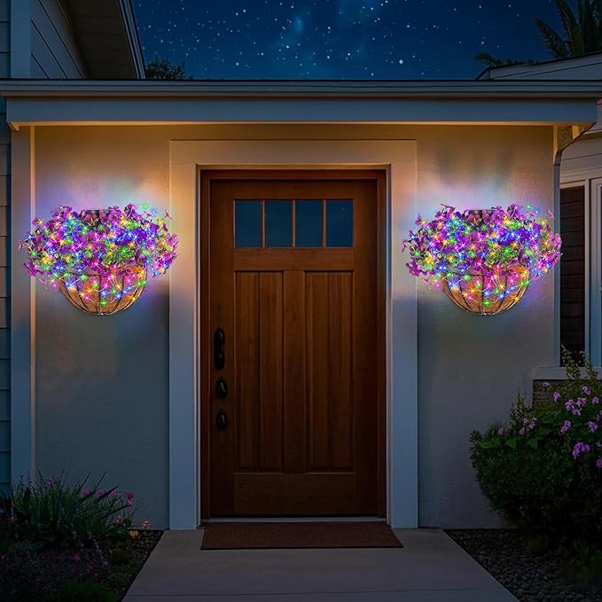 GOESWELL Wall Hanging Basket with Artificial Flowers: Fake Plants Basket with RGB String Lights for Fall Outdoor Decor - Solar Flowers Baskets with Faux Silk Flower for Front Porch Patio Garden Decor