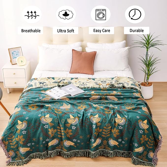 Boho Throw Blanket, 100% Organic Cotton Breathable Ultra Soft 91" x 108" King Bed Quilt Throw - Floral Rustic Bird Farmhouse Decor Luxury Blanket for Sofa Couch Chair and Gift,Teal/Beige