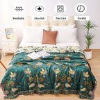 Boho Throw Blanket, 100% Organic Cotton Breathable Ultra Soft 91" x 108" King Bed Quilt Throw - Floral Rustic Bird Farmhouse Decor Luxury Blanket for Sofa Couch Chair and Gift,Teal/Beige