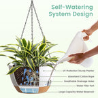 4 Pack 8 Inch Self Watering Hanging Planters for Indoor Outdoor Plants，Hanging Pots for Plants with Drainage Removable Tray, Hanging Baskets Flower Pots for Pothos Garden Porch White with Brown