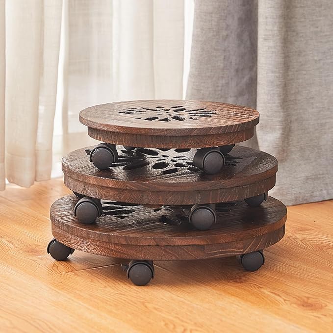 Wood Plant Stand Indoor,Plant Caddy with Lockable Wheels,Pot Stand,Rolling Plant Stand with Casters，Plant Dolly with Wheels,Heavy Duty Plant Base Brown 13"