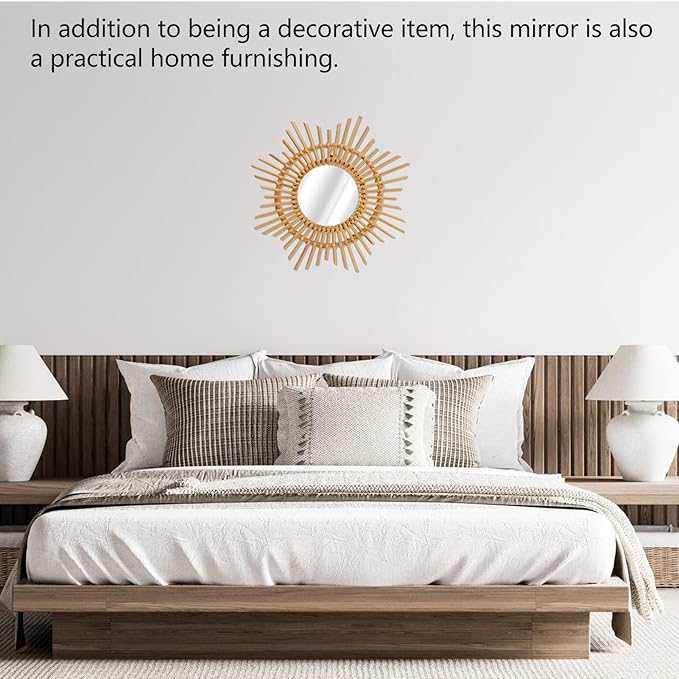 Tissting Natural Rattan Hanging Mirror,13.8 x 4.7in Boho Wall Mounted Mirror Star Shape Bohemian Hanging Glass Makeup Mirror Rustic Art Decoration Handwoven Mirror for Bedroom Living Room Hallway
