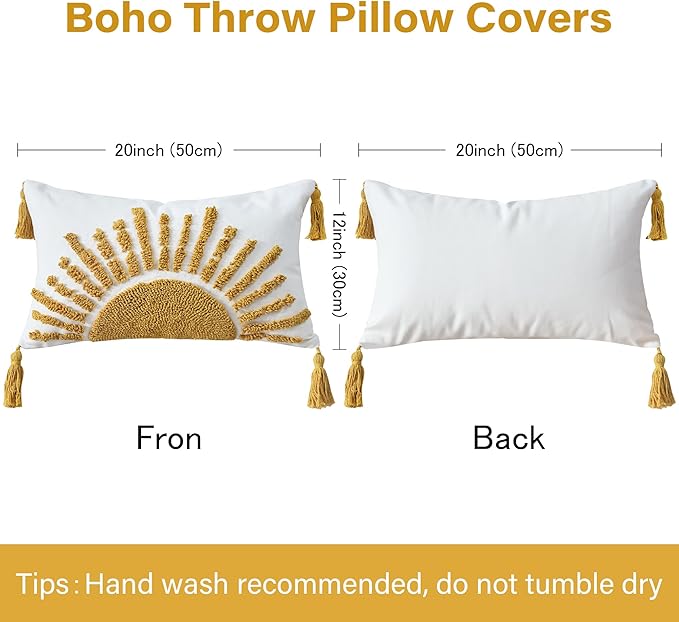 Boho Throw Pillow Covers 12x20 Inch Sun Tufted Lumbar Pillow Covers with Tassels, Bohemian Farmhouse Decorative Cushion Cover for Couch Sofa Bedroom Living Room Home Decor (Yellow-Thin)