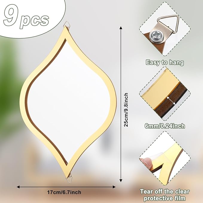 Tanlade 9 Pcs Wall Mirrors Decorative Teardrop Gold Mirror Decor Acrylic Wall Mounted Decorations Art Boho Vintage Farmhouse Gifts for Living Room Bedroom Bathroom Vanity Entryway 9.8 x 6.7 Inch