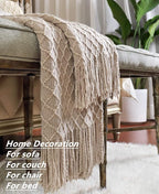 CREVENT Farmhouse Knit Throw Blanket for Couch Sofa Chair Bed Home Decoration, Soft Warm Cozy Light Weight for Spring Summer (50''X60'' Beige/Khaki)