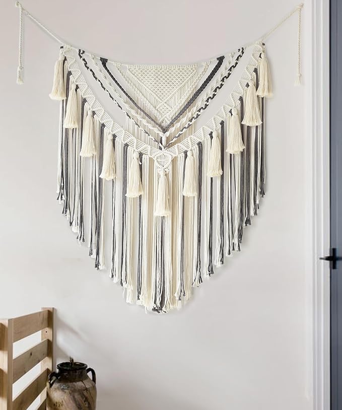 Jakalin Macrame Wall Hanging Grey Small Macrame Wall Decor Panels Handmade Wall Art Home Living Room Bedroom Decor,31" Wx 39" L