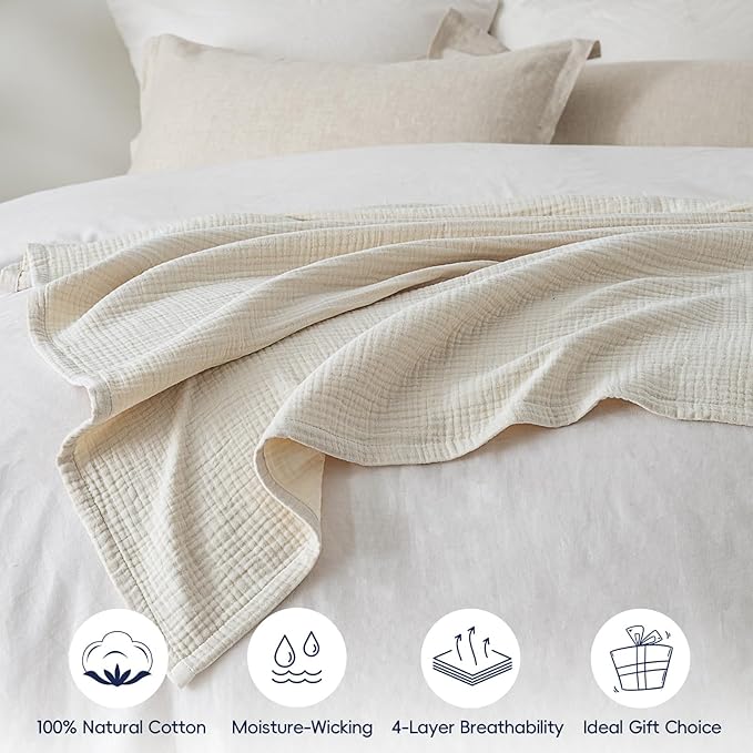 PHF 100% Cotton Muslin Throw Blanket 50" x 60", 4-Layer Lightweight and Breathable Blanket, Luxuriously Soft Gauze Throws for Couch Bed Sofa, Ideal Gift Choice, Oat Milk