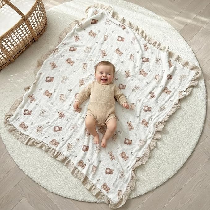 Muslin Ruffled Baby Blanket, Extra Large 52 x 52 Inches, Soft Breathable Cotton Crib Blanket for Newborn Infant Toddler (Leaf C & Sage, Printed)