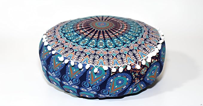 INDIAN CRAFT CASTLE ICC Mandala Barmeri Large Floor Pillow Cover Cushion Meditation Seating Ottoman Throw Cover Hippie Decorative Zipped Bohemian Pouf Ottoman Cases Blue Peacock 18" Round
