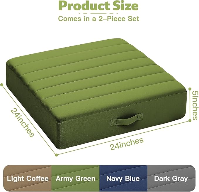 MeMoreCool Square Floor Pillows for Adults Kids, 2 Sets Large Meditation Cushion with 5" Thick Foam and Washable Tufted Cover, 24 Inch Green Seat Floor Cushions for Sitting and Yoga