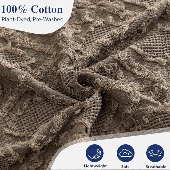 Simple&Opulence 100% Cotton Throw Blanket for Bed, Couch, Boho Textured Geometric Knit Woven Blanket with Tassels Soft, Lightweight Breathable Shabby Chic Farmhouse Decoration for All-Season(Brown)