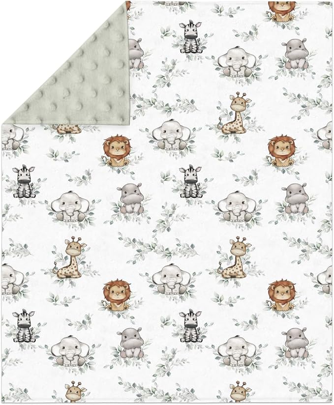 Cute Jungle Safari Animals Boho Leaves Baby Blankets for Girl Boy Lion Giraffe Elephant Zebra Soft Mink Dotted Backing Double Layer Swaddle Blanket Bed Throws for Newborn Infant Toddler Nursery 30x40