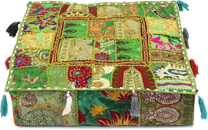 Mam Treasures Indian Bohemian Decorative Pillow Vintage Cushion Cover Patchwork Square Floor Pillow Cover Meditation Cushion Large Floor Pillow Indian Cushion (Light Green, 22 X 22 X 5 Inch)
