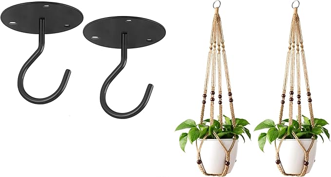 Mkono Macrame Plant Hangers Indoor Jute Hanging Planter Basket and Ceiling Hooks, Wood Beads Decorative Flower Pot Holder for Indoor Outdoor Boho Home Decor,Brown，Set of 2